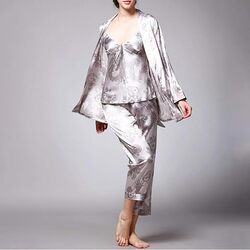 MARGOUN XL Pajamas For Women Set 3 Pcs Dragon Pattern Robes Silky Pj Sets Sleepwear Cami Nightwear With Robe And Pant TZ013 - Silver